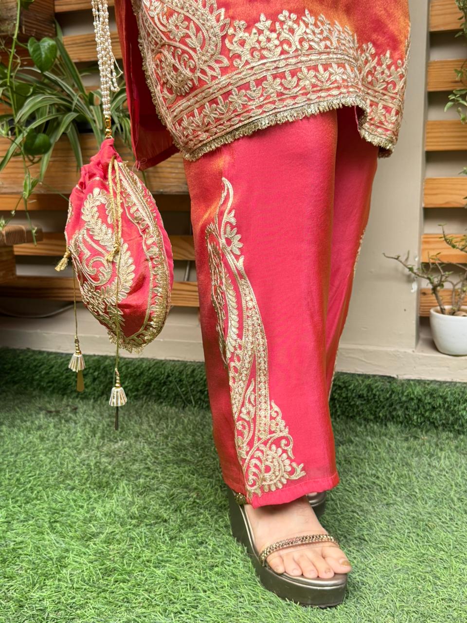 Elegant cord set in a beautiful ombre shade is crafted in luxurious shimmer