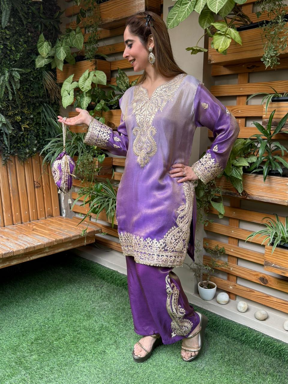 Elegant cord set in a beautiful ombre shade is crafted in luxurious shimmer