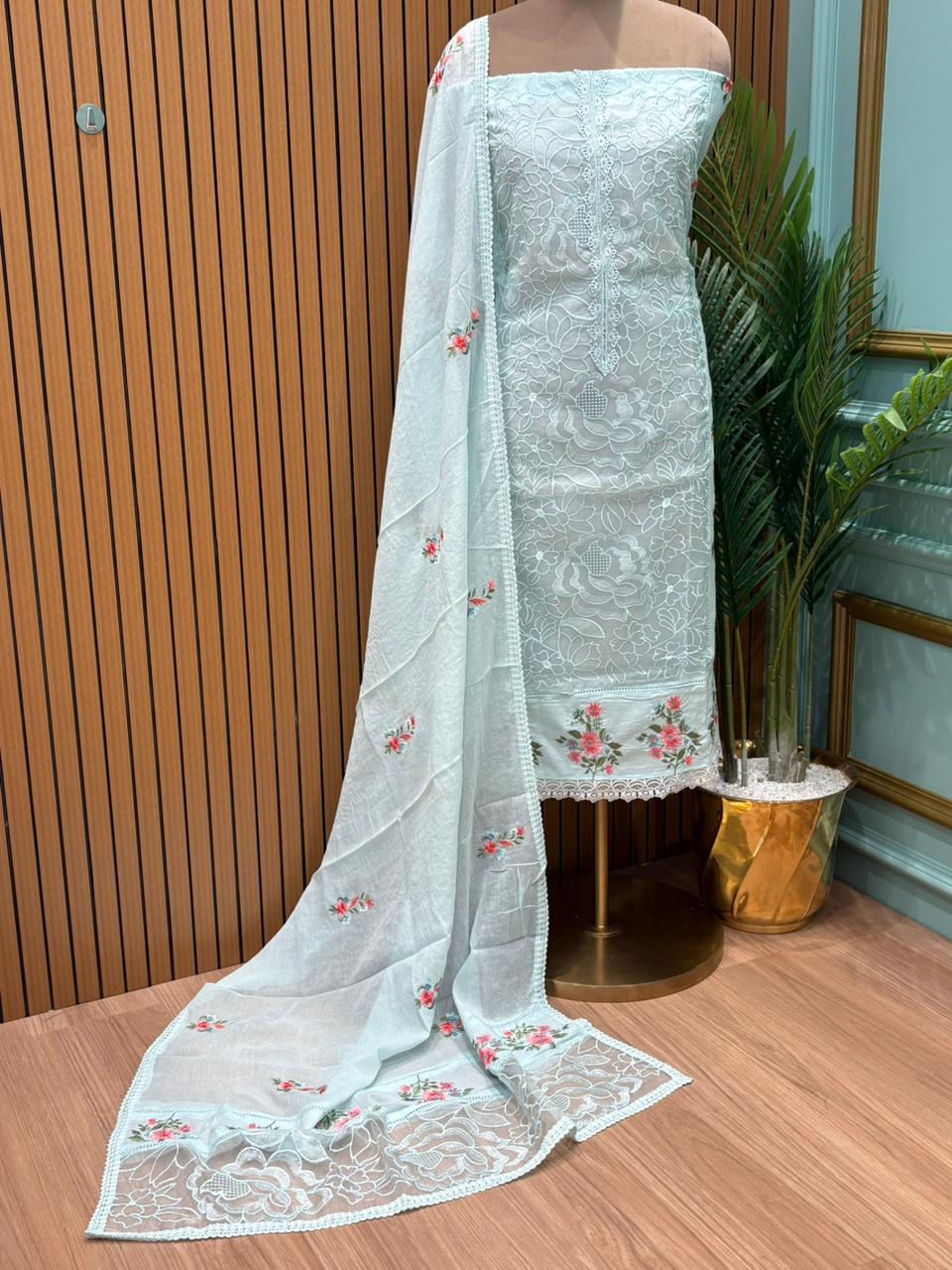 Elegant unstitched suit is crafted in soft and breathable mul cotton