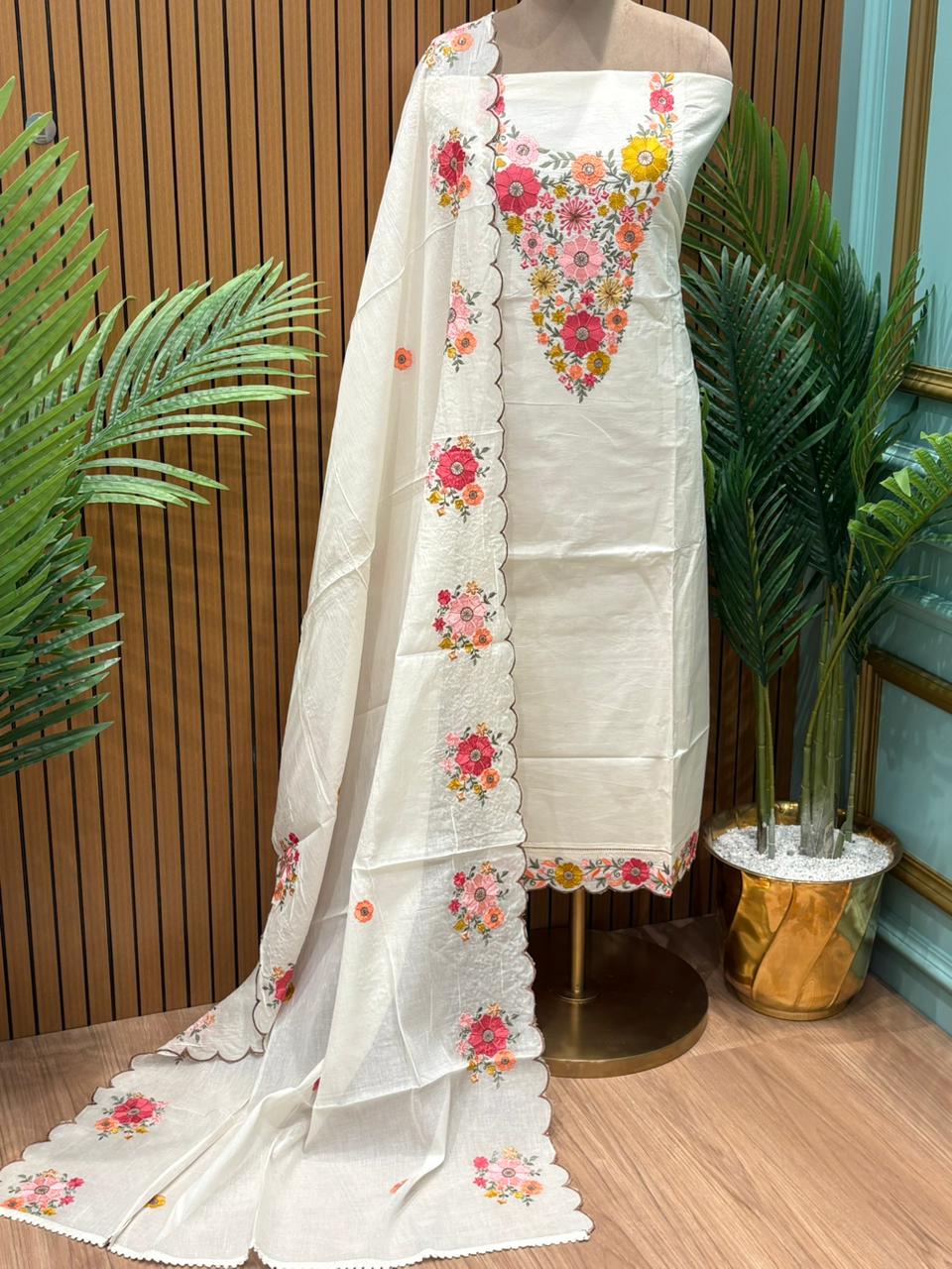 Elegant unstitched suit set is crafted in soft cotton fabric