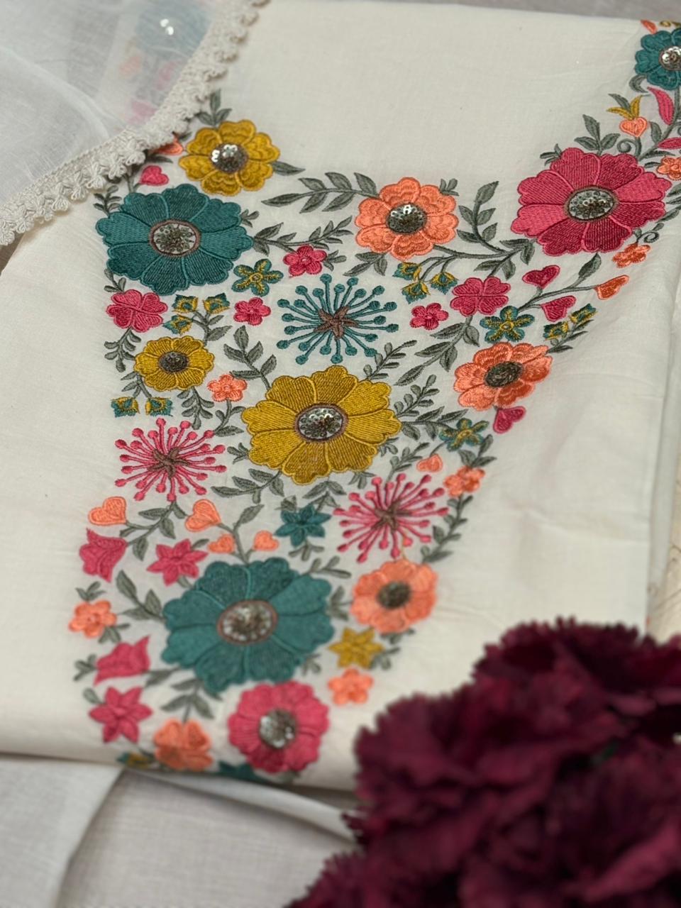 Elegant unstitched suit set is crafted in soft cotton fabric