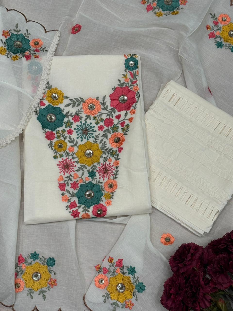 Elegant unstitched suit set is crafted in soft cotton fabric