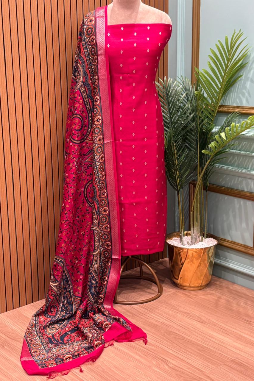 Elegant unstitched fabric suit is crafted with a premium Maheshwari fabric