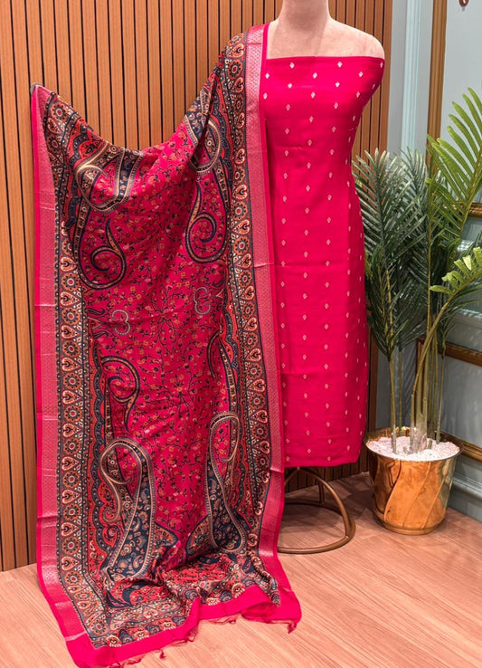 Elegant unstitched fabric suit is crafted with a premium Maheshwari fabric