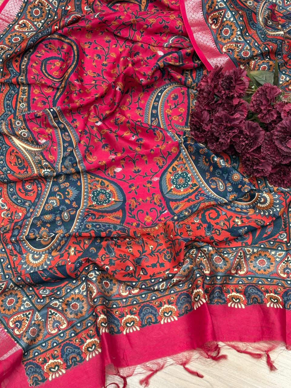 Elegant unstitched fabric suit is crafted with a premium Maheshwari fabric