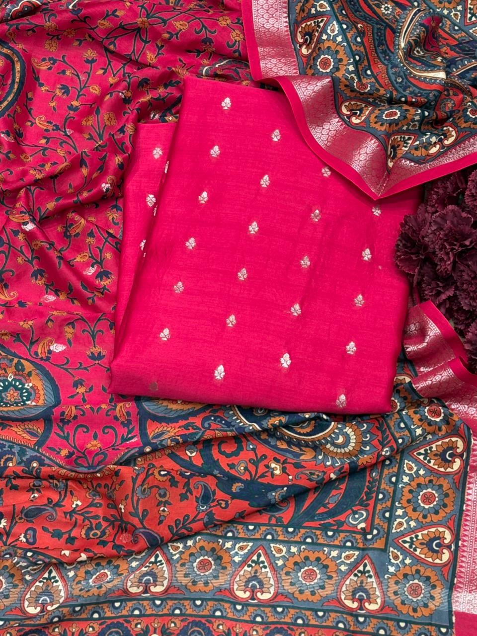 Elegant unstitched fabric suit is crafted with a premium Maheshwari fabric