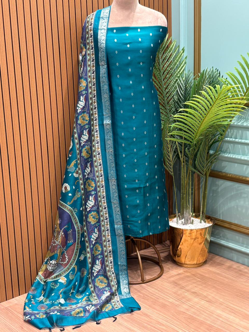 Elegant unstitched fabric suit is crafted with a premium Maheshwari fabric