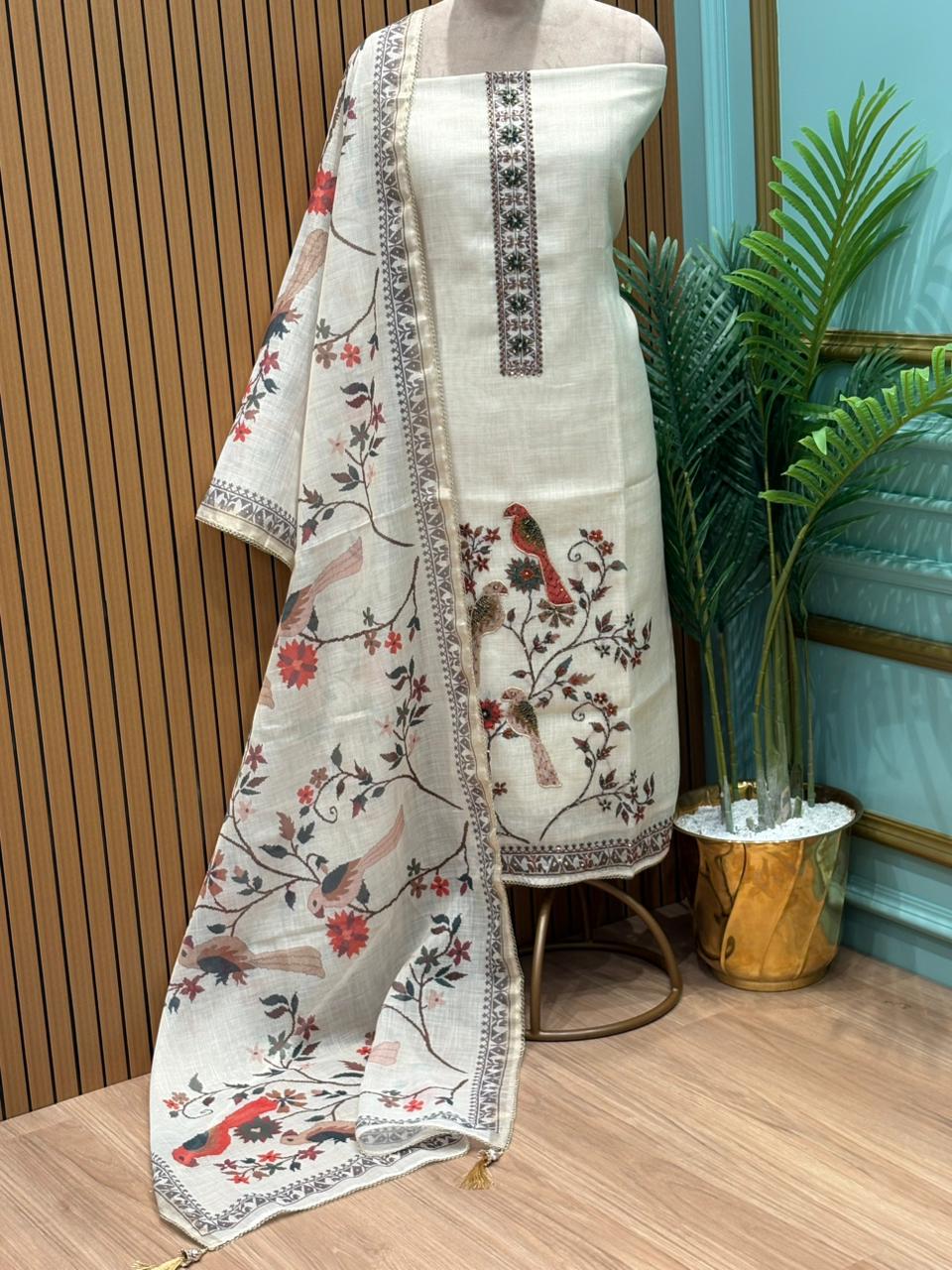 Refined unstitched suit set is crafted in linen shimmer cotton fabric