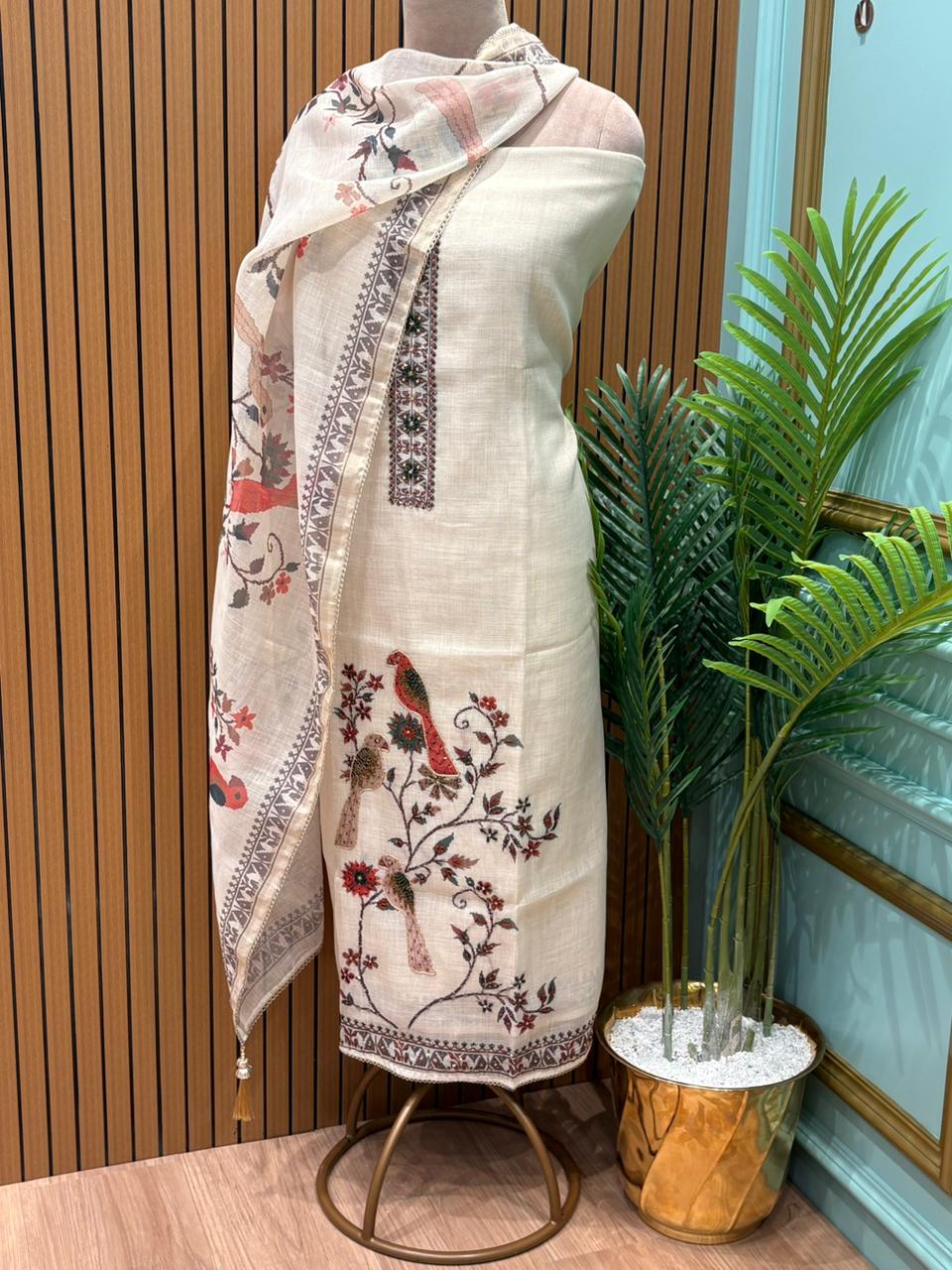 Refined unstitched suit set is crafted in linen shimmer cotton fabric