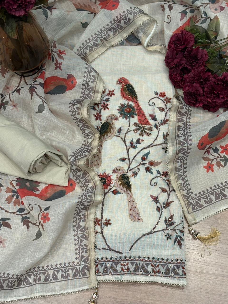 Refined unstitched suit set is crafted in linen shimmer cotton fabric