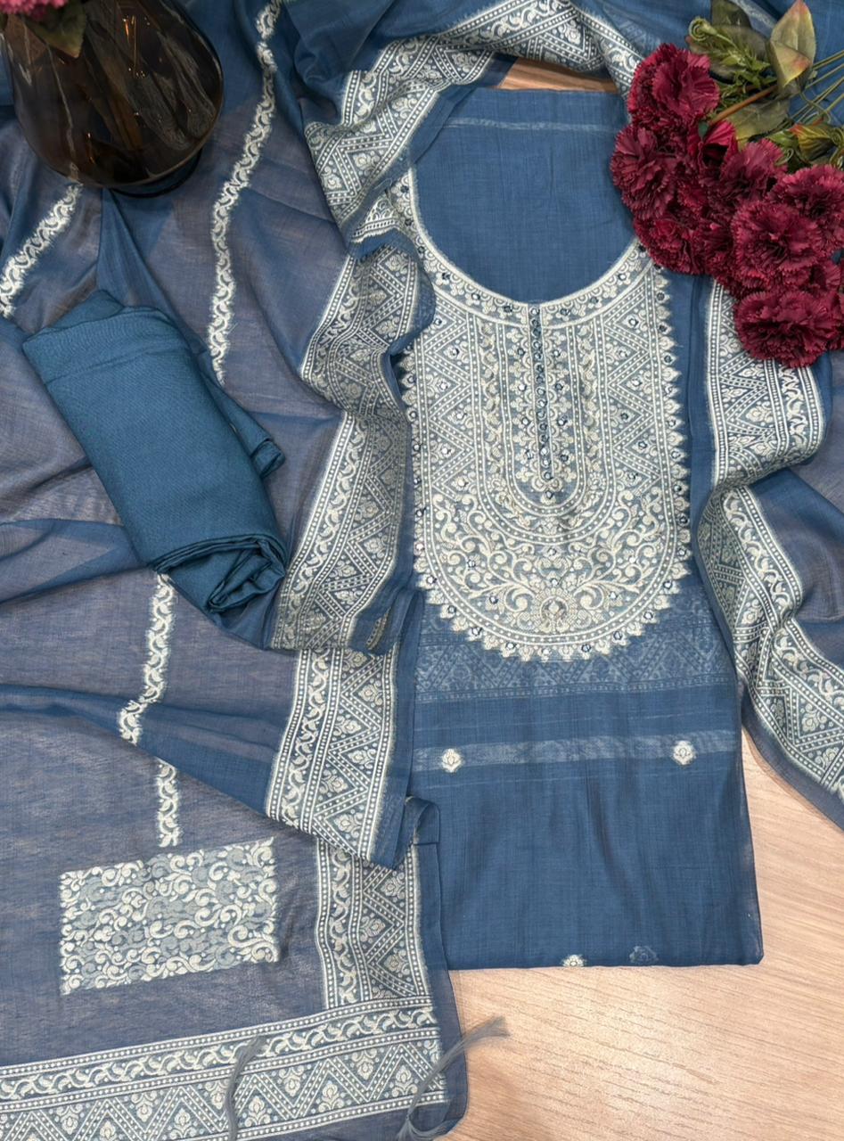 Unstitched suit s Fabric is crafted in soft Jamdani cotton fabric,