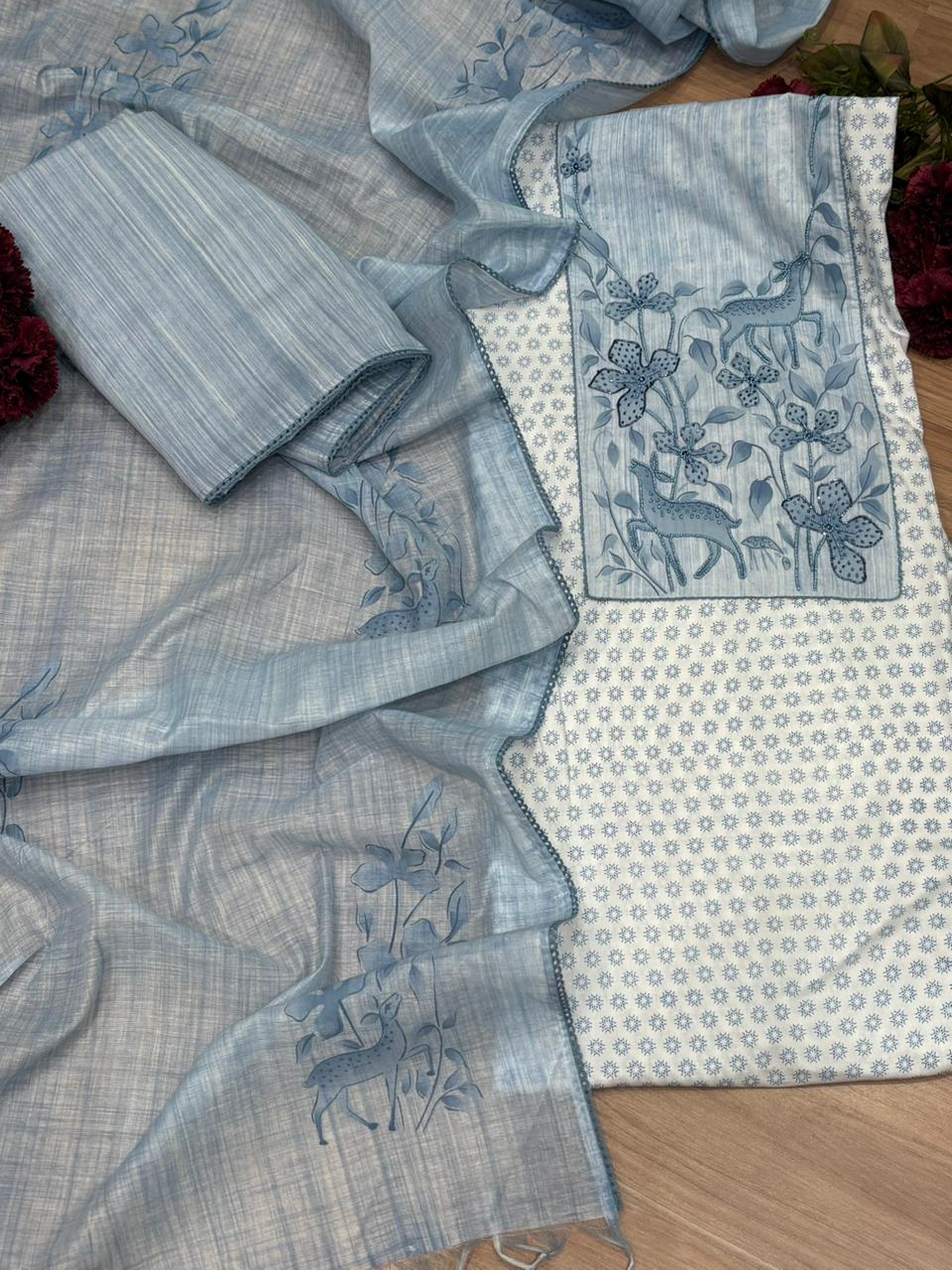 Elegant unstitched cotton suit fabric is designed for effortless everyday