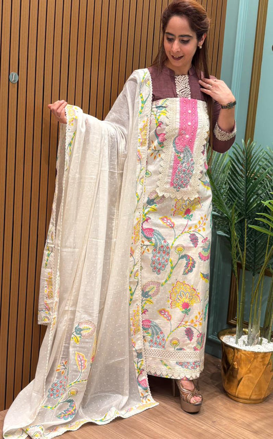 Elegant unstitched cotton suit fabric is designed for effortless everyday comfort