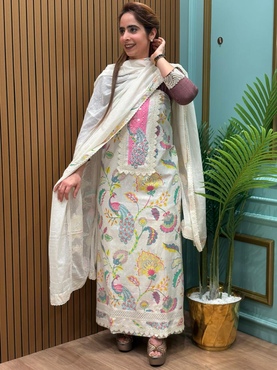 Elegant unstitched cotton suit fabric is designed for effortless everyday comfort