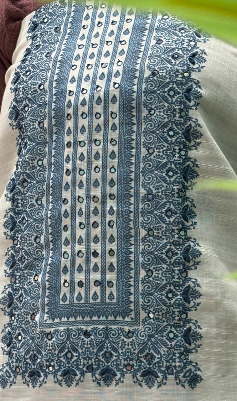 Sophisticated unstitched suit fabric is crafted in a premium linen-cotton blend