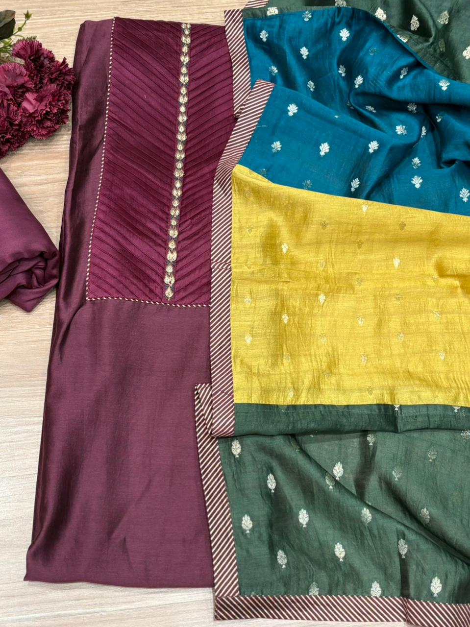 Elegant unstitched suit  is crafted in premium Maheshwari fabric