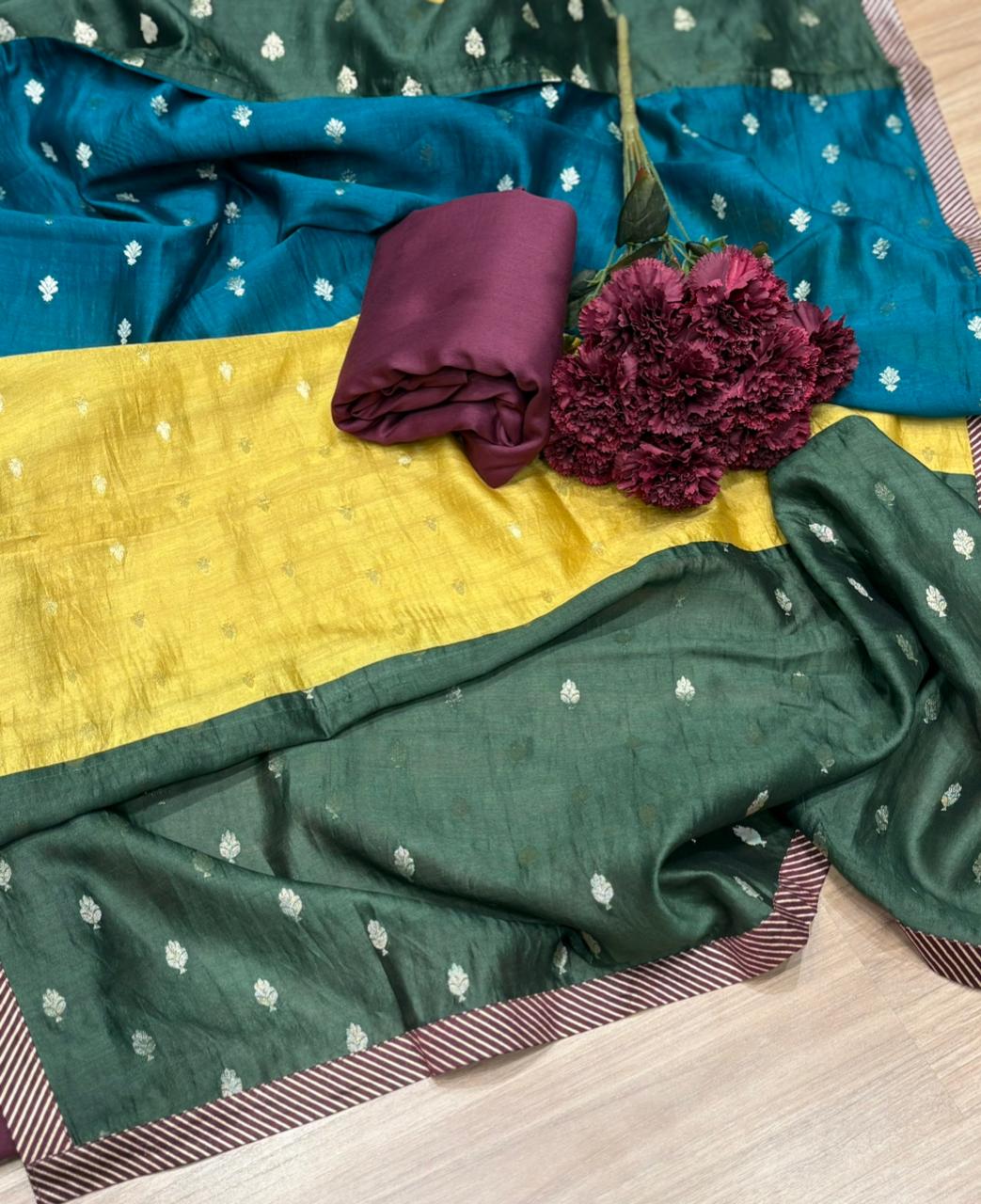 Elegant unstitched suit  is crafted in premium Maheshwari fabric