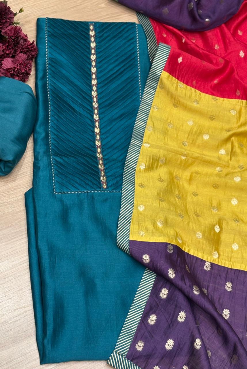 Elegant unstitched suit  is crafted in premium Maheshwari fabric