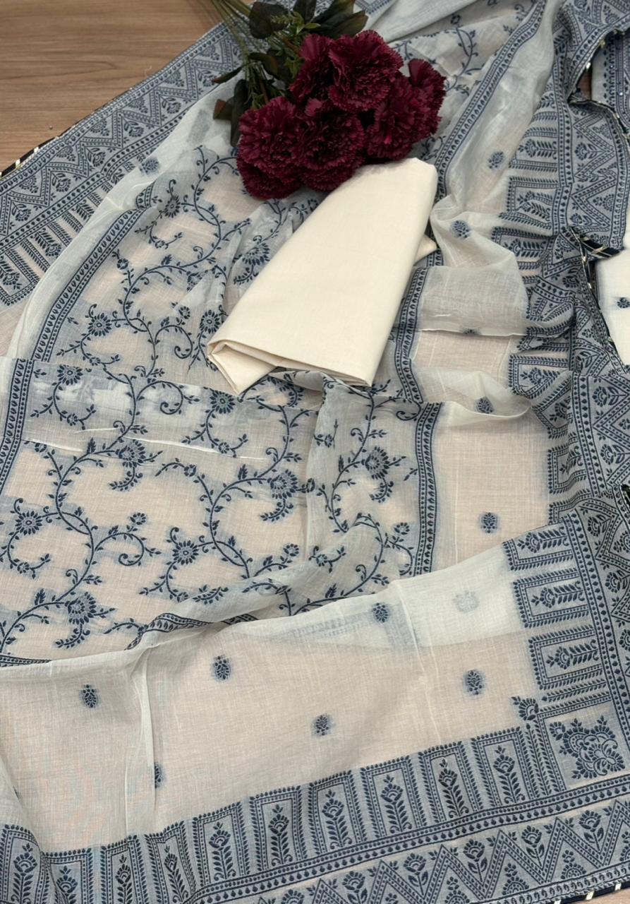 Elegant unstitched suit set is crafted in premium cotton fabric