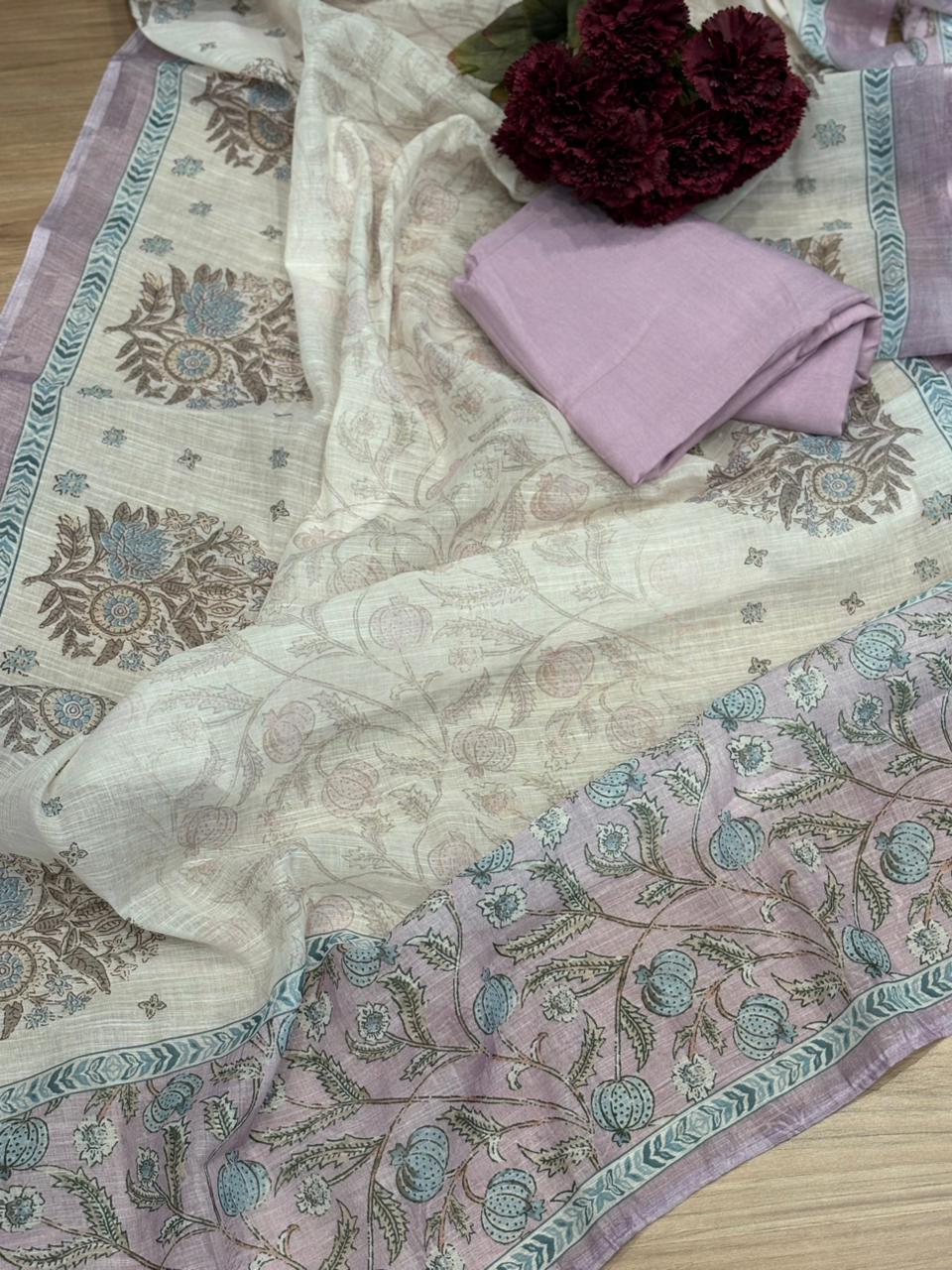 Graceful unstitched suit set is crafted in soft cotton fabric