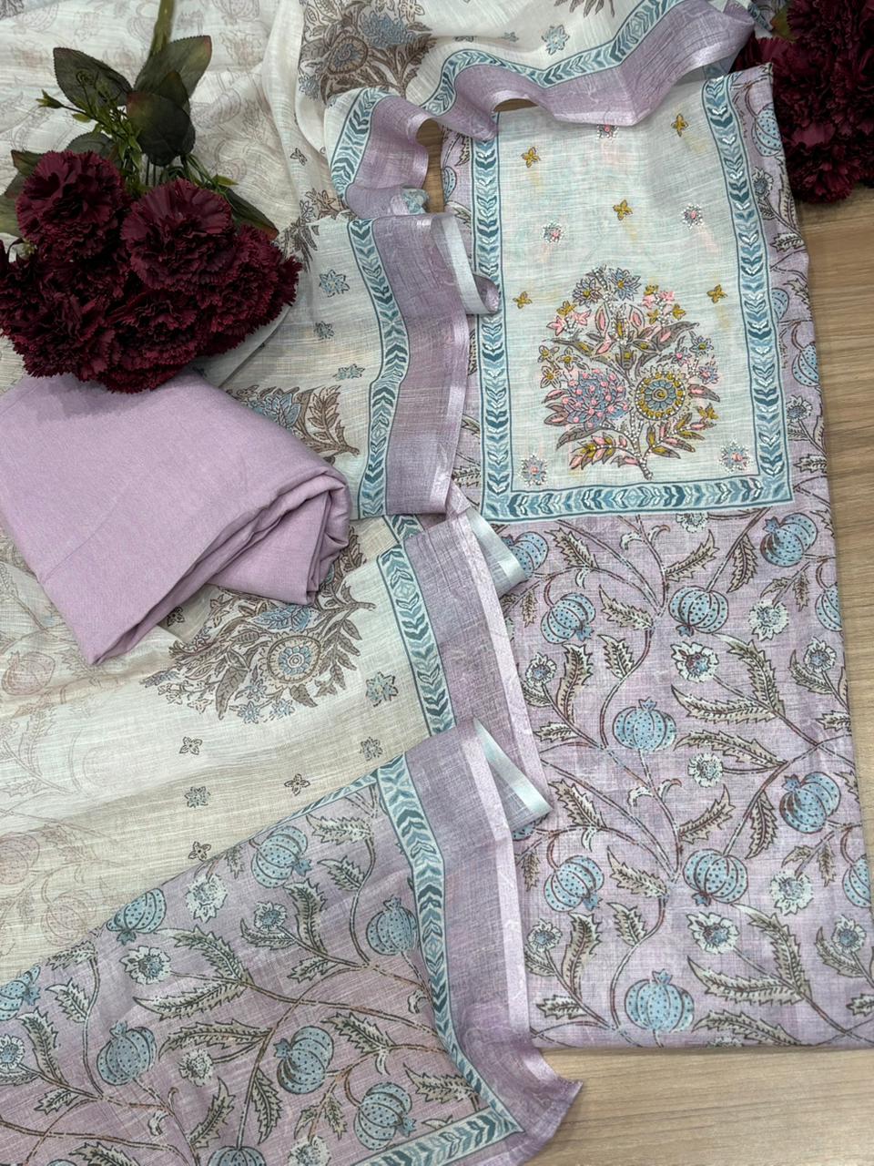 Graceful unstitched suit set is crafted in soft cotton fabric