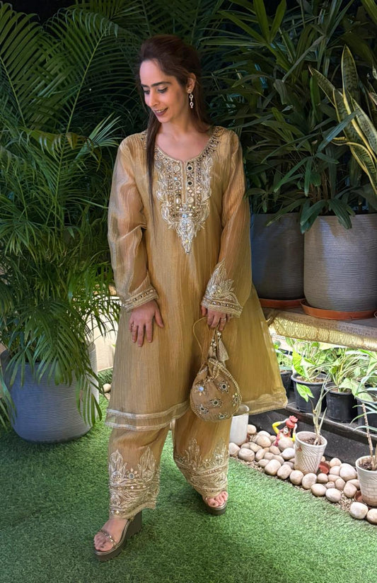 Graceful Anarkali set is crafted in luxurious tissue shimmer fabric