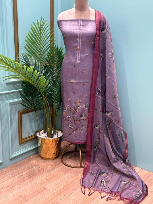 Exquisite unstitched suit is crafted in soft and breathable linen cotton