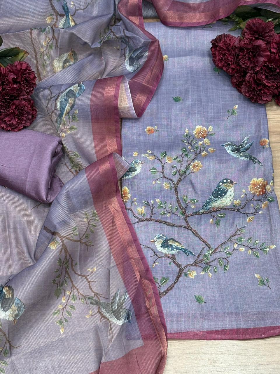 Exquisite unstitched suit is crafted in soft and breathable linen cotton