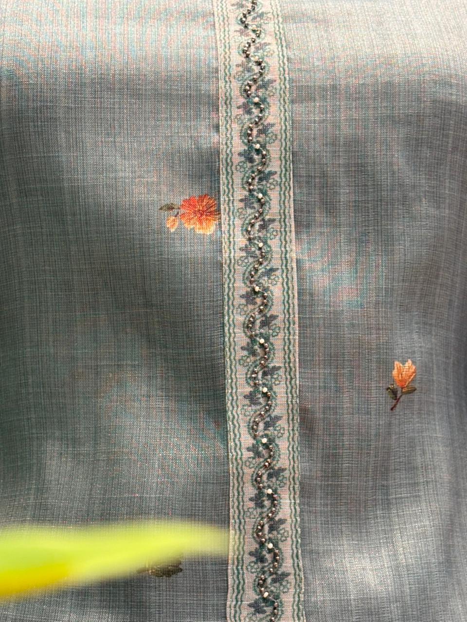 Exquisite unstitched suit is crafted in soft and breathable linen cotton