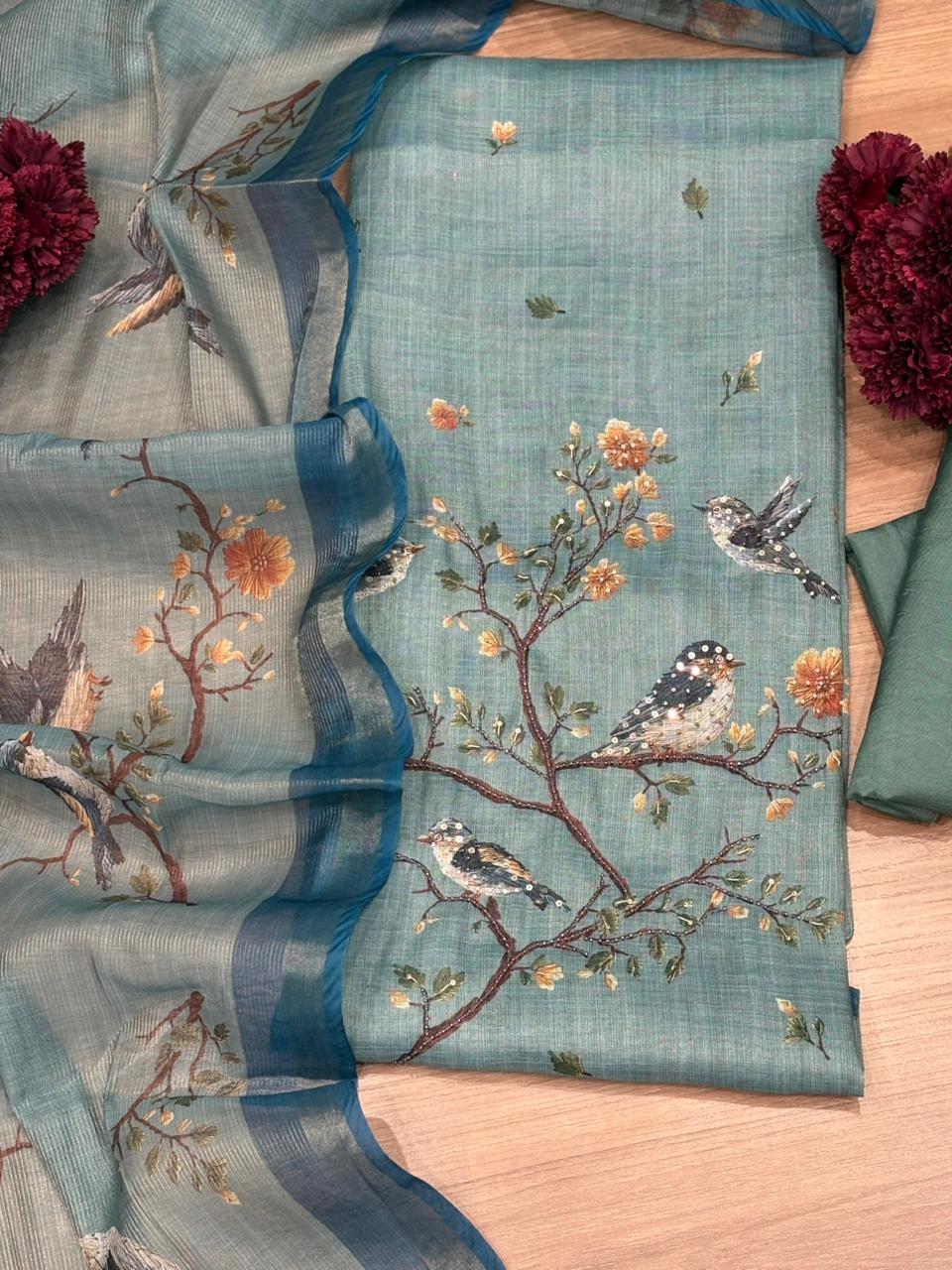 Exquisite unstitched suit is crafted in soft and breathable linen cotton