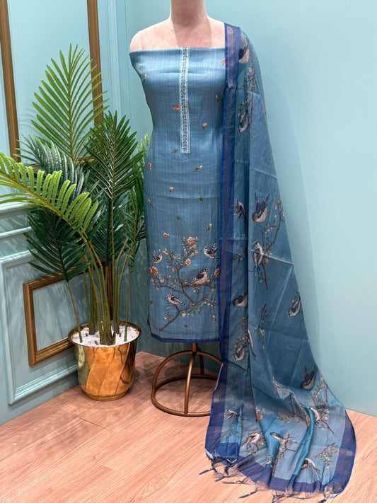 Exquisite unstitched suit is crafted in soft and breathable linen cotton