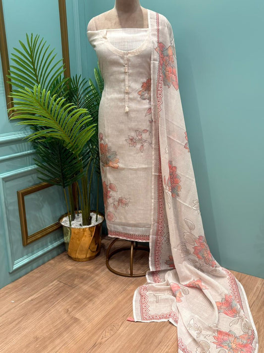 Elegant unstitched suit is crafted in breathable linen cotton fabric