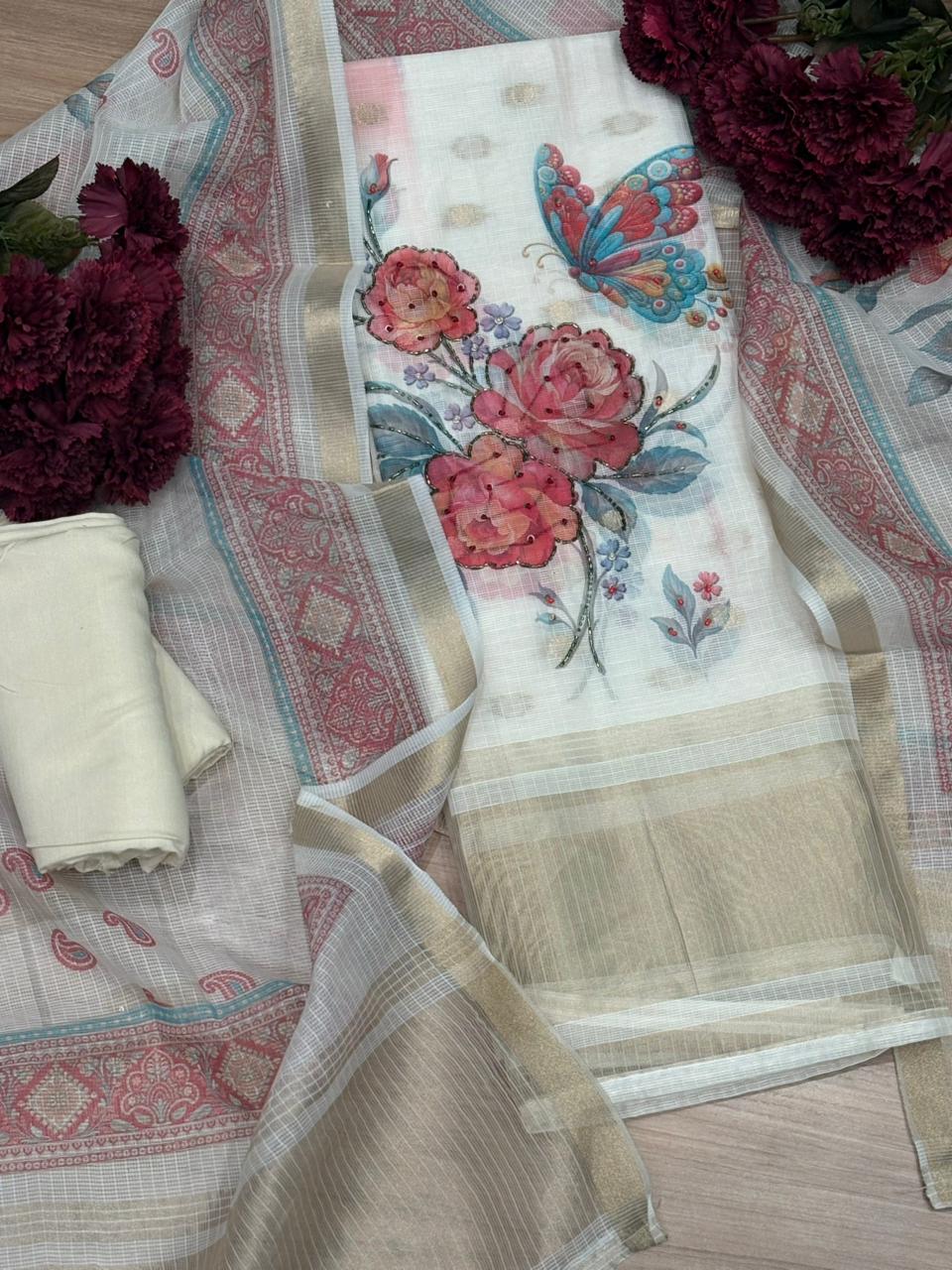 Elegant unstitched suit set crafted in premium Kota cotton