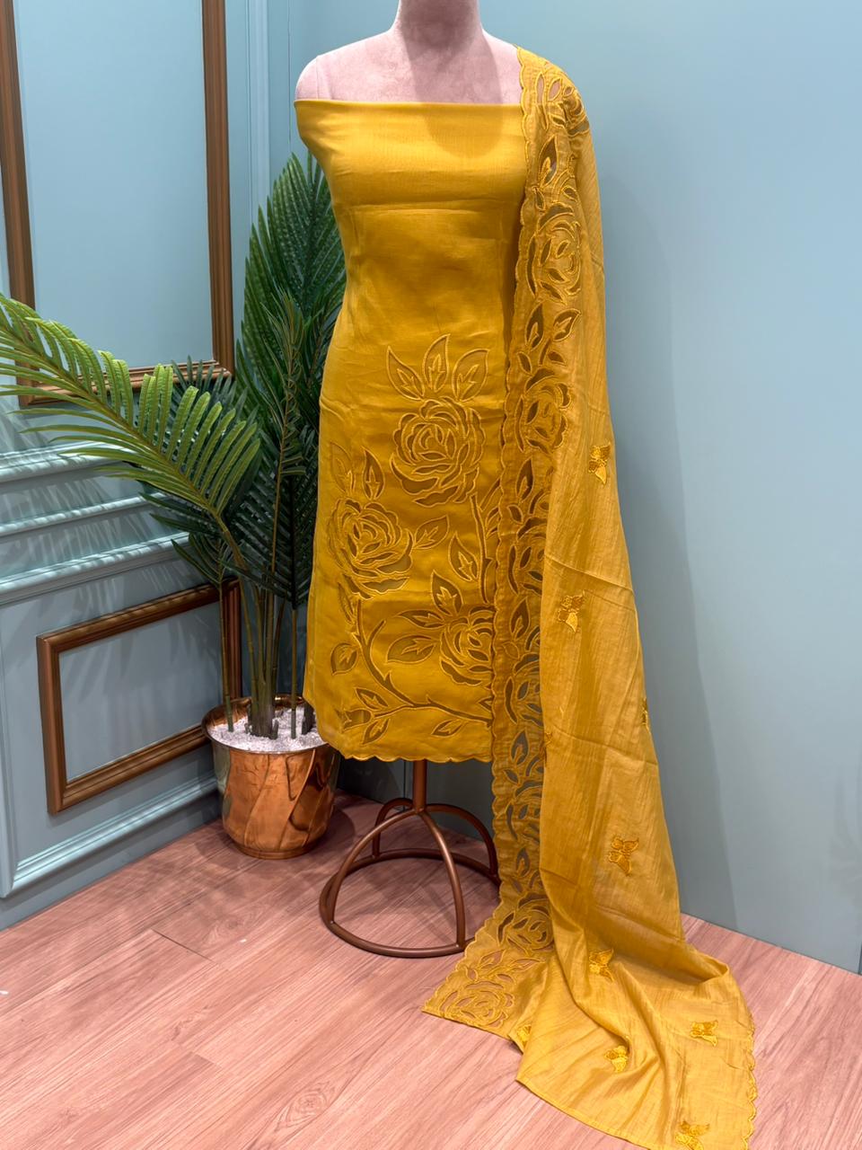 Elegant unstitched suit is crafted in premium muslin cotton