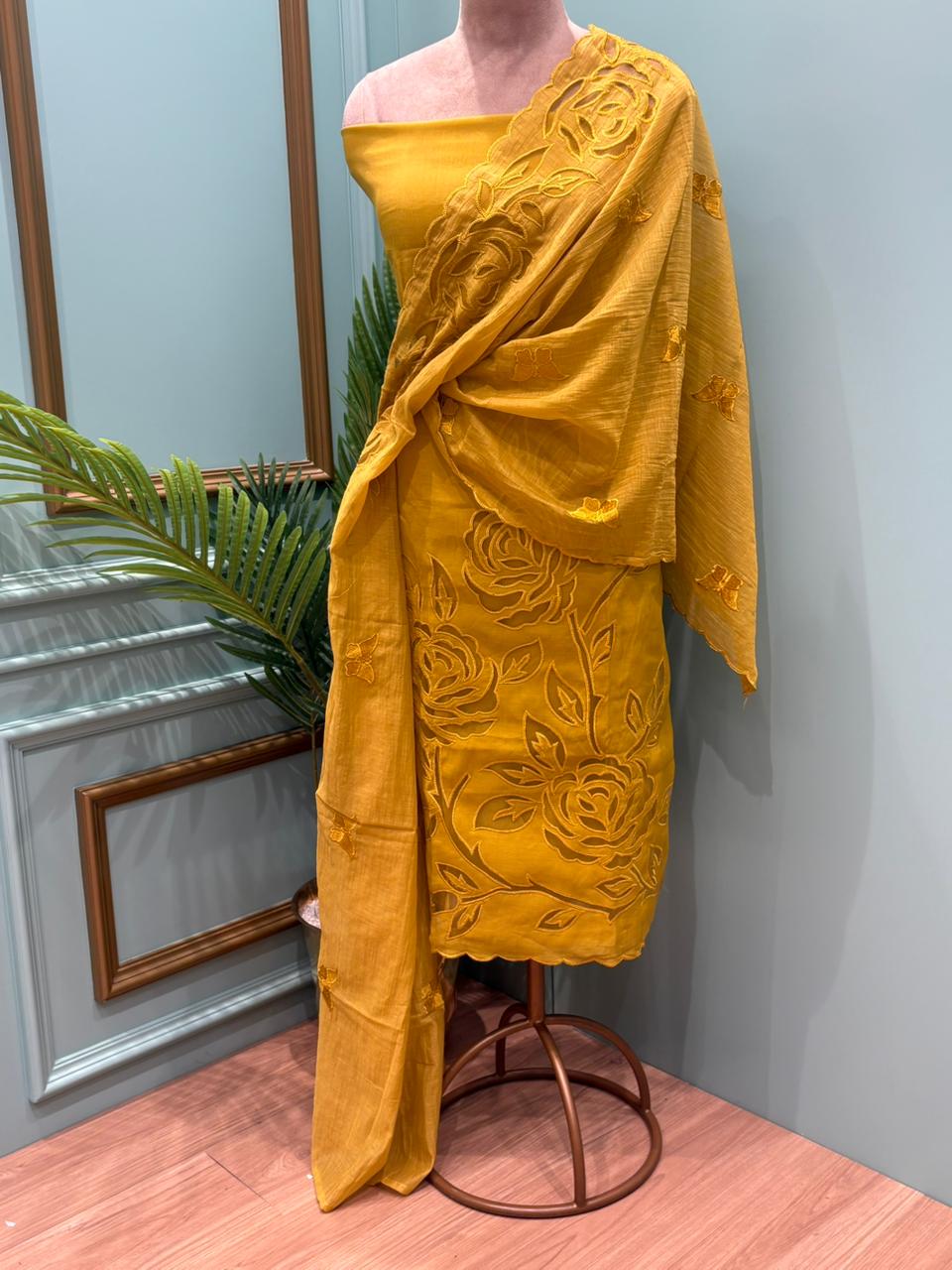 Elegant unstitched suit is crafted in premium muslin cotton