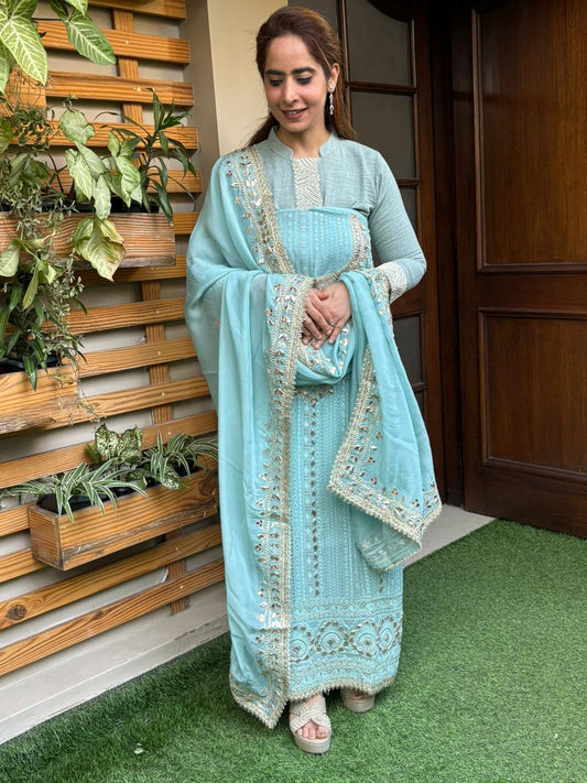 Elevate your ethnic wardrobe with this graceful unstitched suit