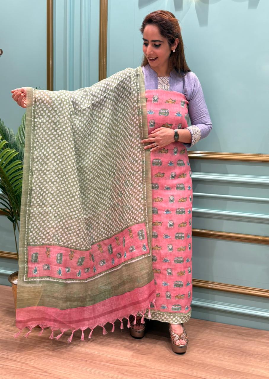 Elegant unstitched suit crafted in pure linen cotton fabric