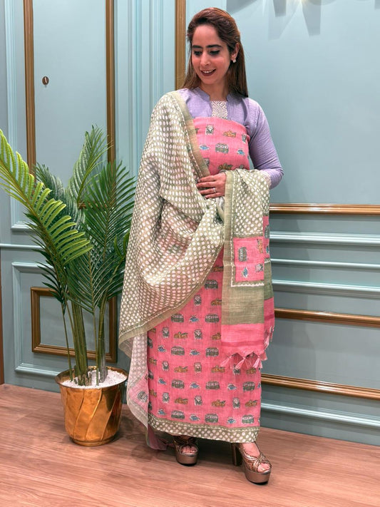 Elegant unstitched suit crafted in pure linen cotton fabric