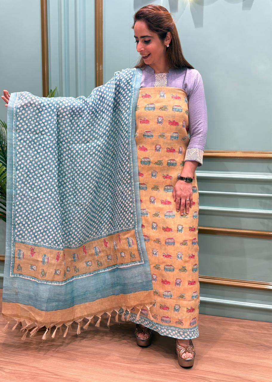 Elegant unstitched suit crafted in pure linen cotton fabric