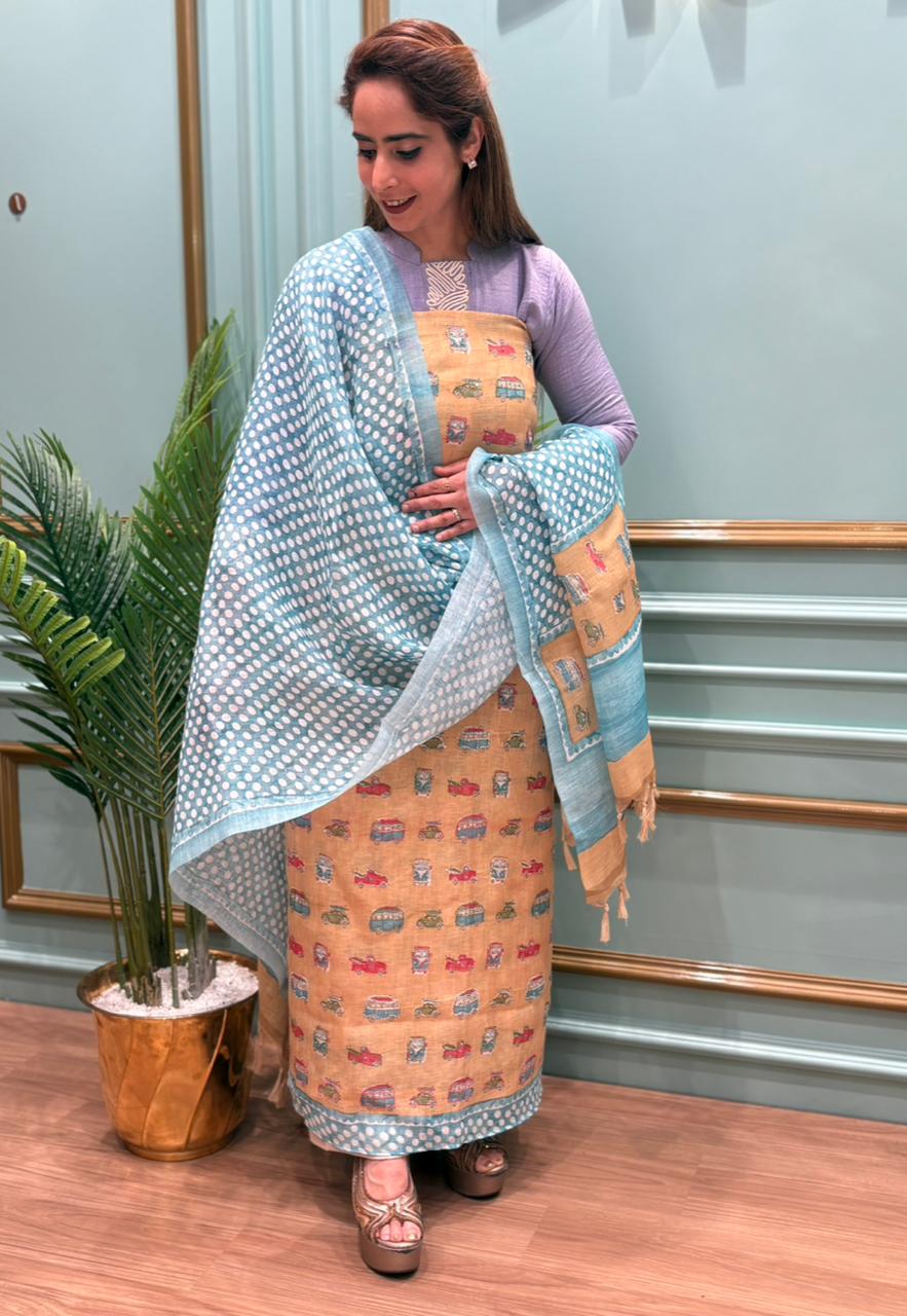 Elegant unstitched suit crafted in pure linen cotton fabric