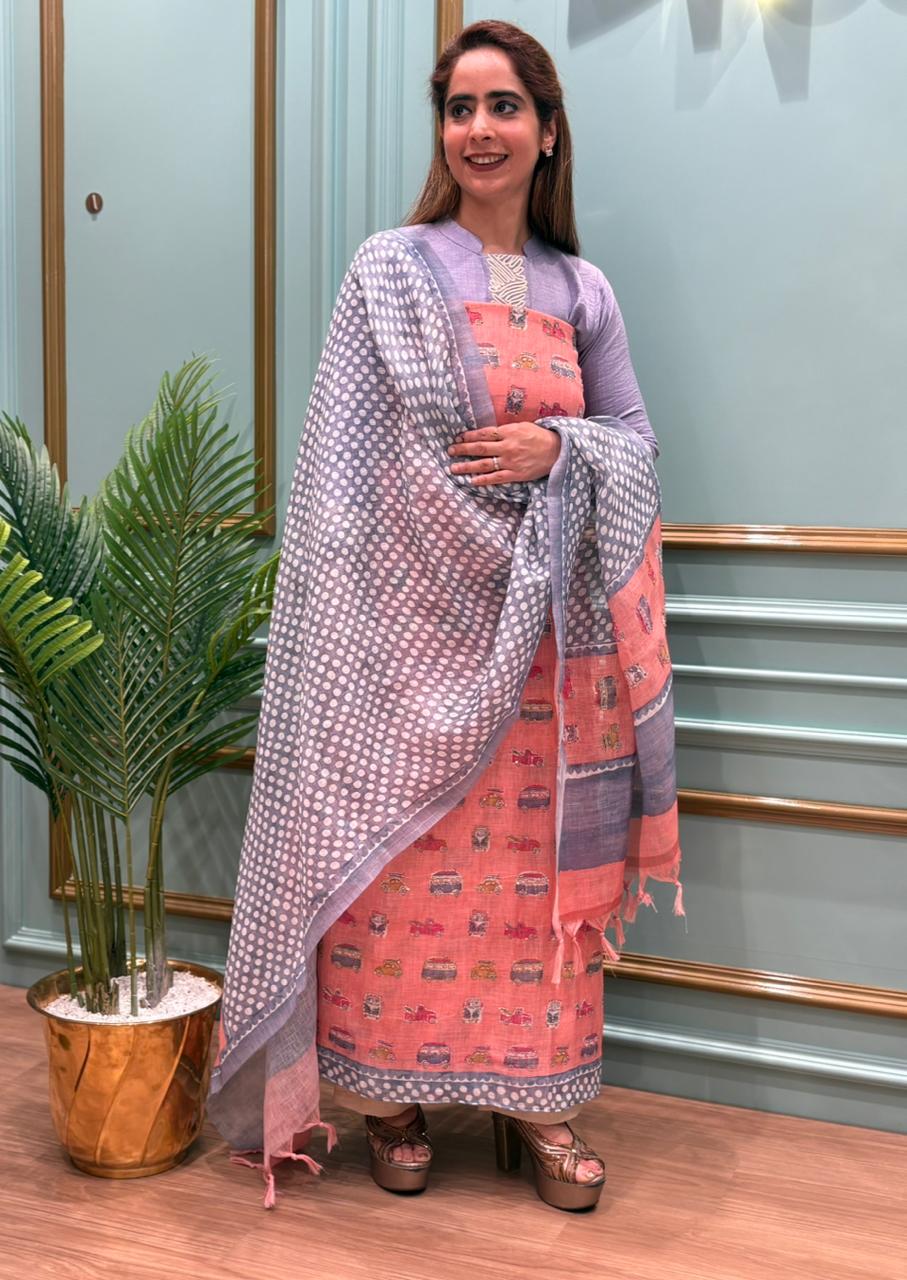 Elegant unstitched suit crafted in pure linen cotton fabric