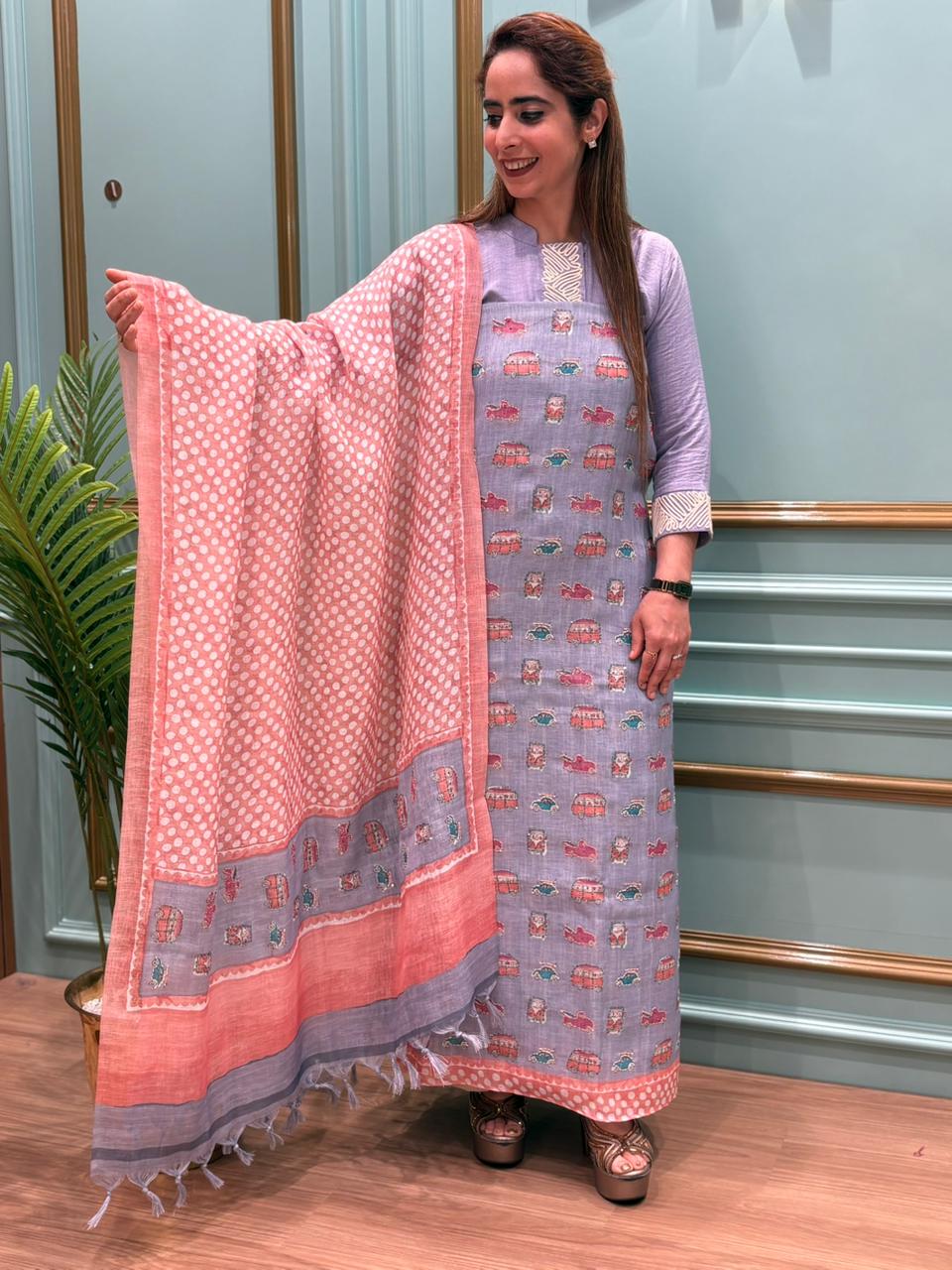 Elegant unstitched suit crafted in pure linen cotton fabric