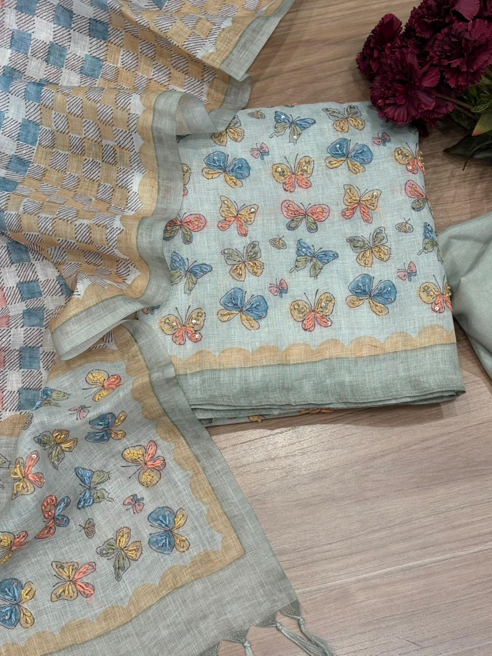 Effortless elegance with this pure linen cotton unstitched suit