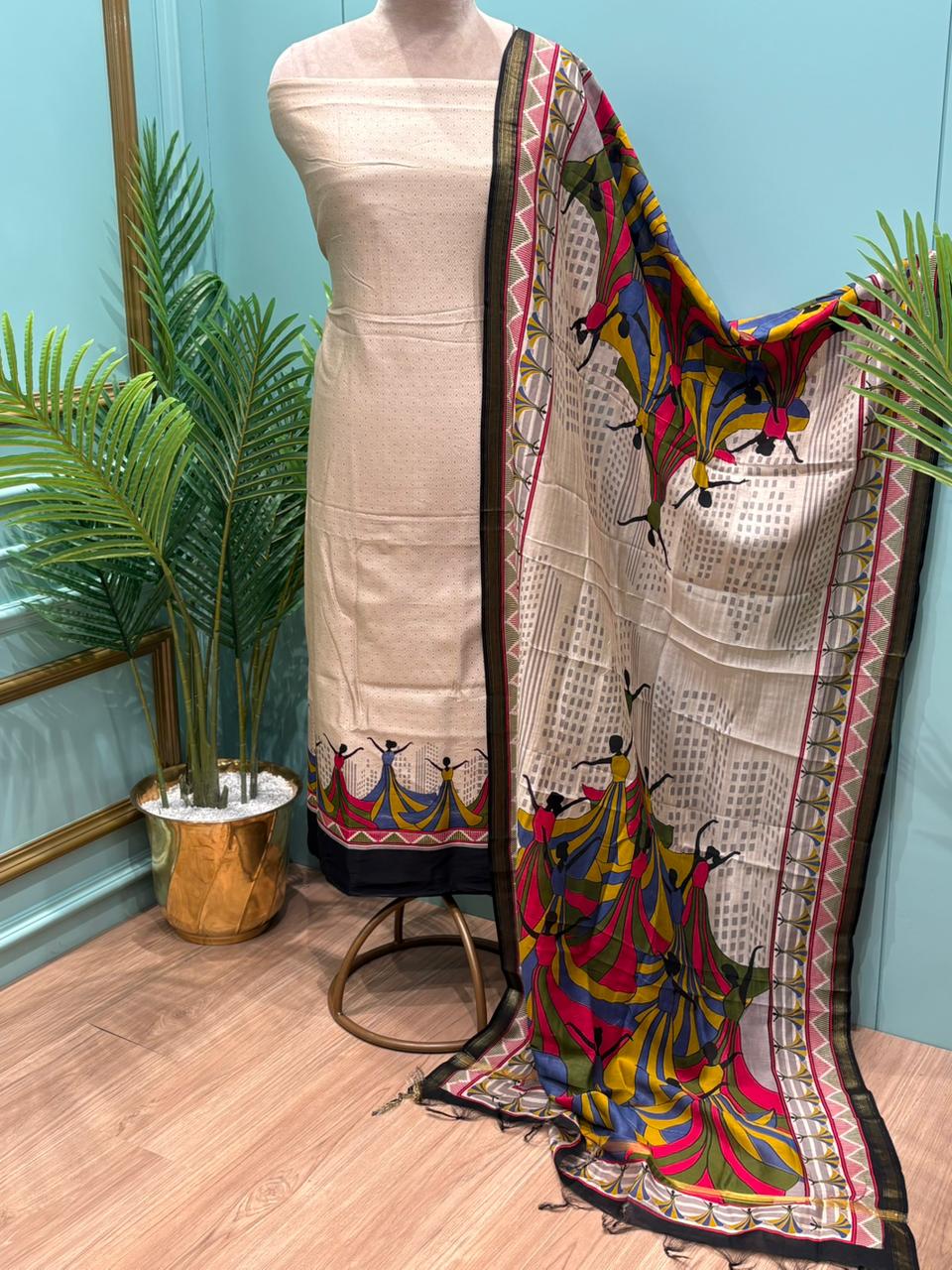 Ethnic wardrobe with this stunning unstitched Maheshwari cotton suit,