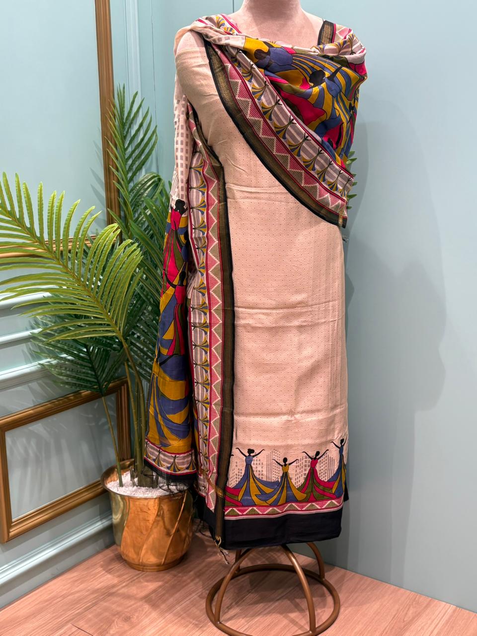 Ethnic wardrobe with this stunning unstitched Maheshwari cotton suit,