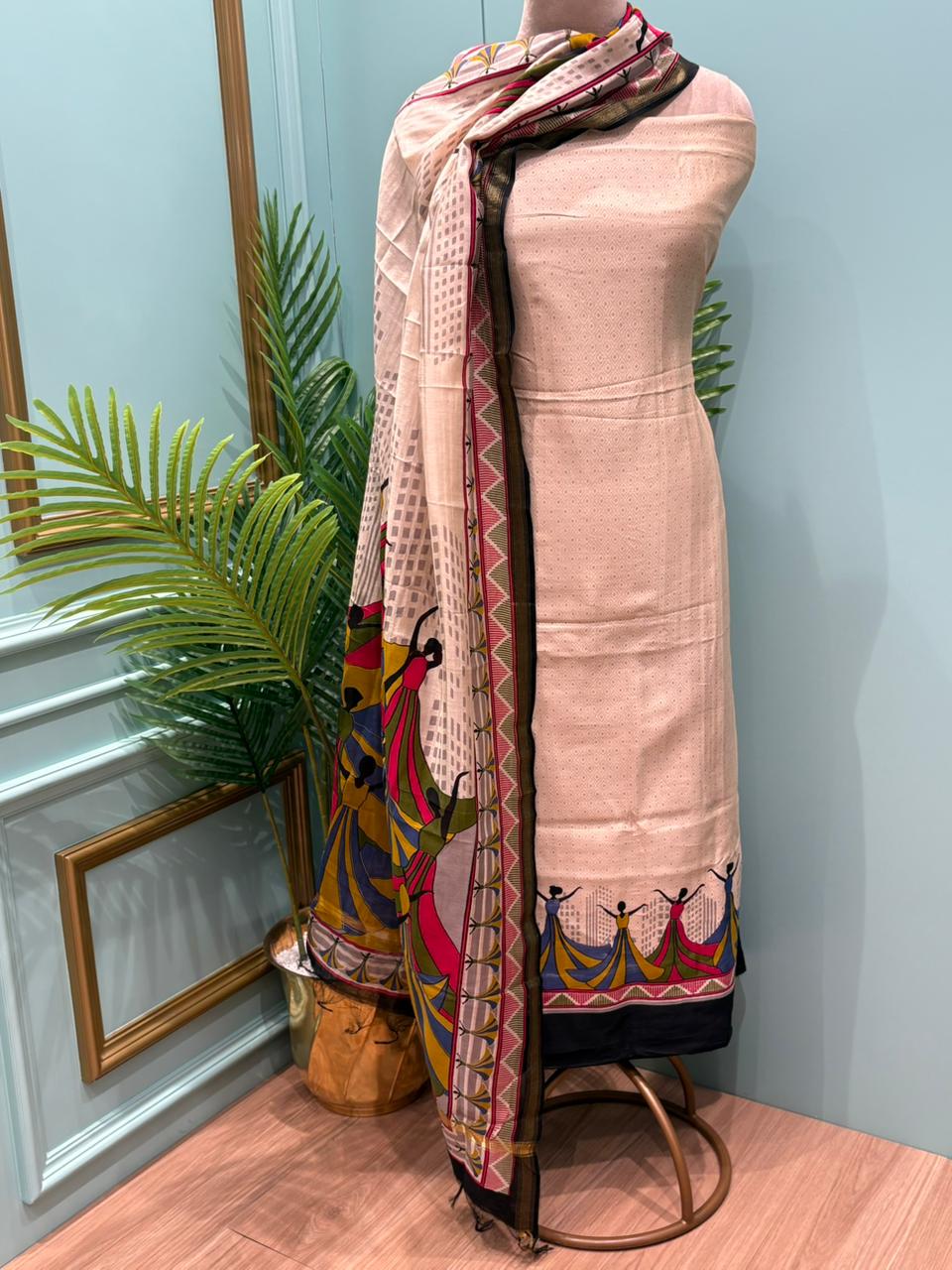 Ethnic wardrobe with this stunning unstitched Maheshwari cotton suit,