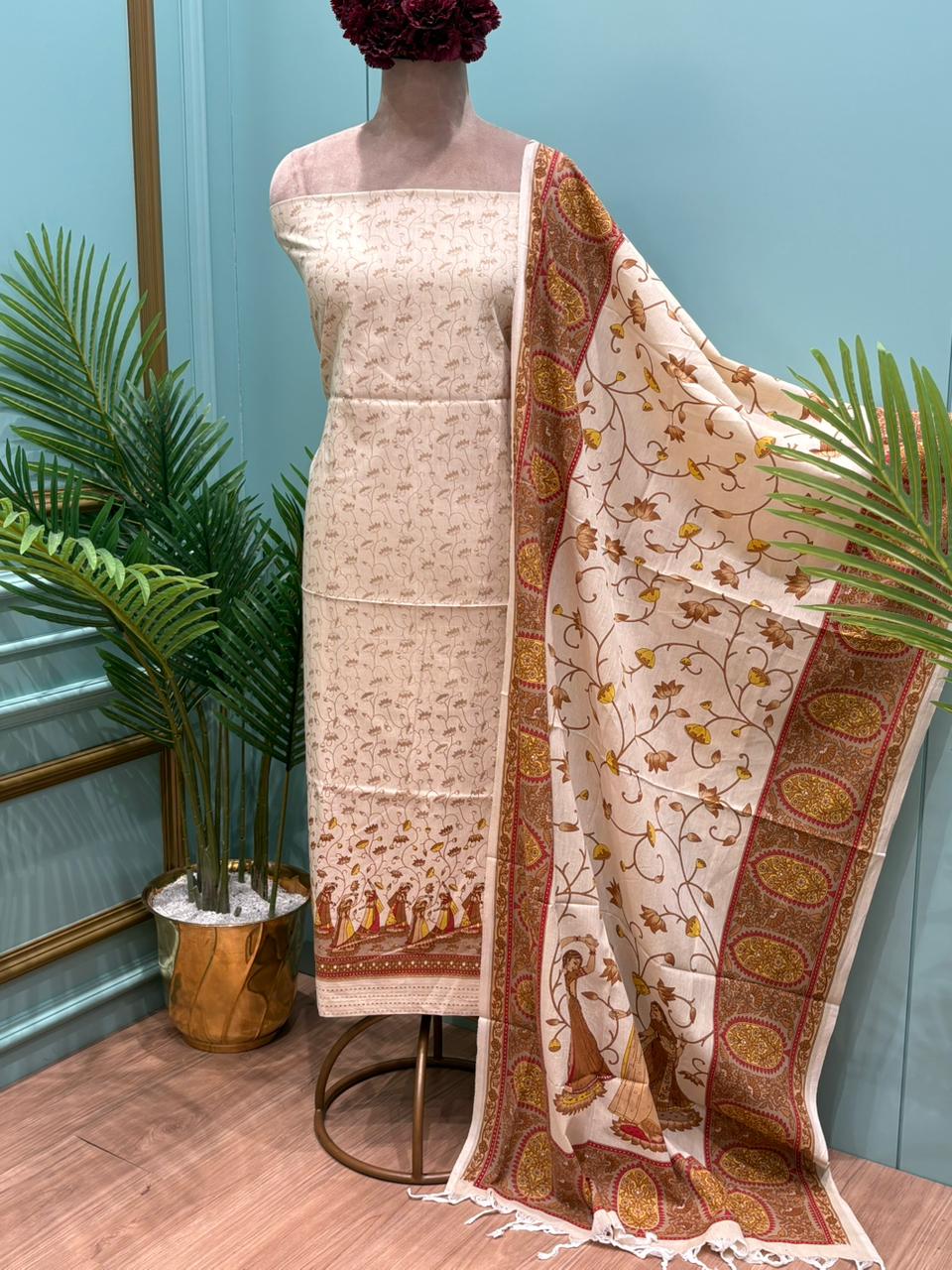 Ttimeless tradition with this beautiful unstitched cotton Kalamkari suit