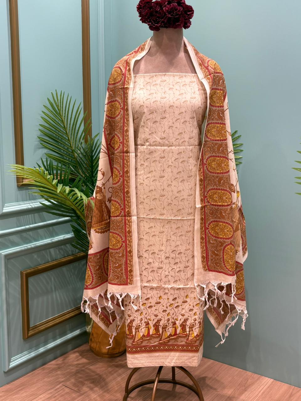 Ttimeless tradition with this beautiful unstitched cotton Kalamkari suit