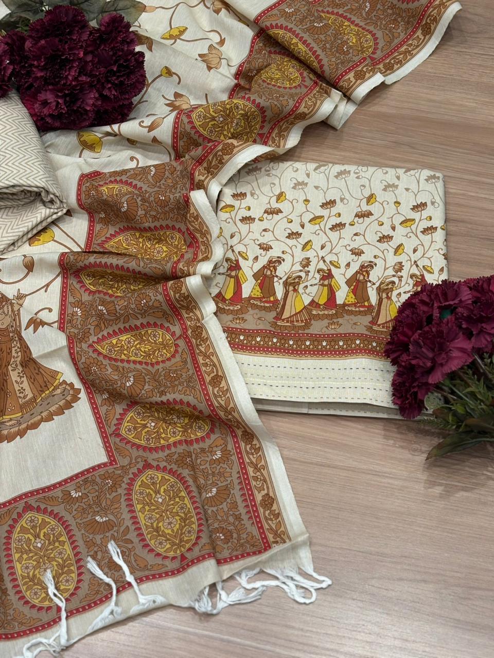 Ttimeless tradition with this beautiful unstitched cotton Kalamkari suit