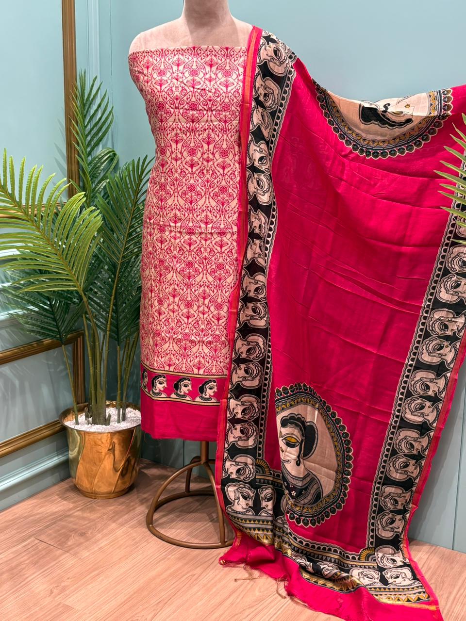 Timeless artistry with this beautiful unstitched Maheswari cotton suit set.